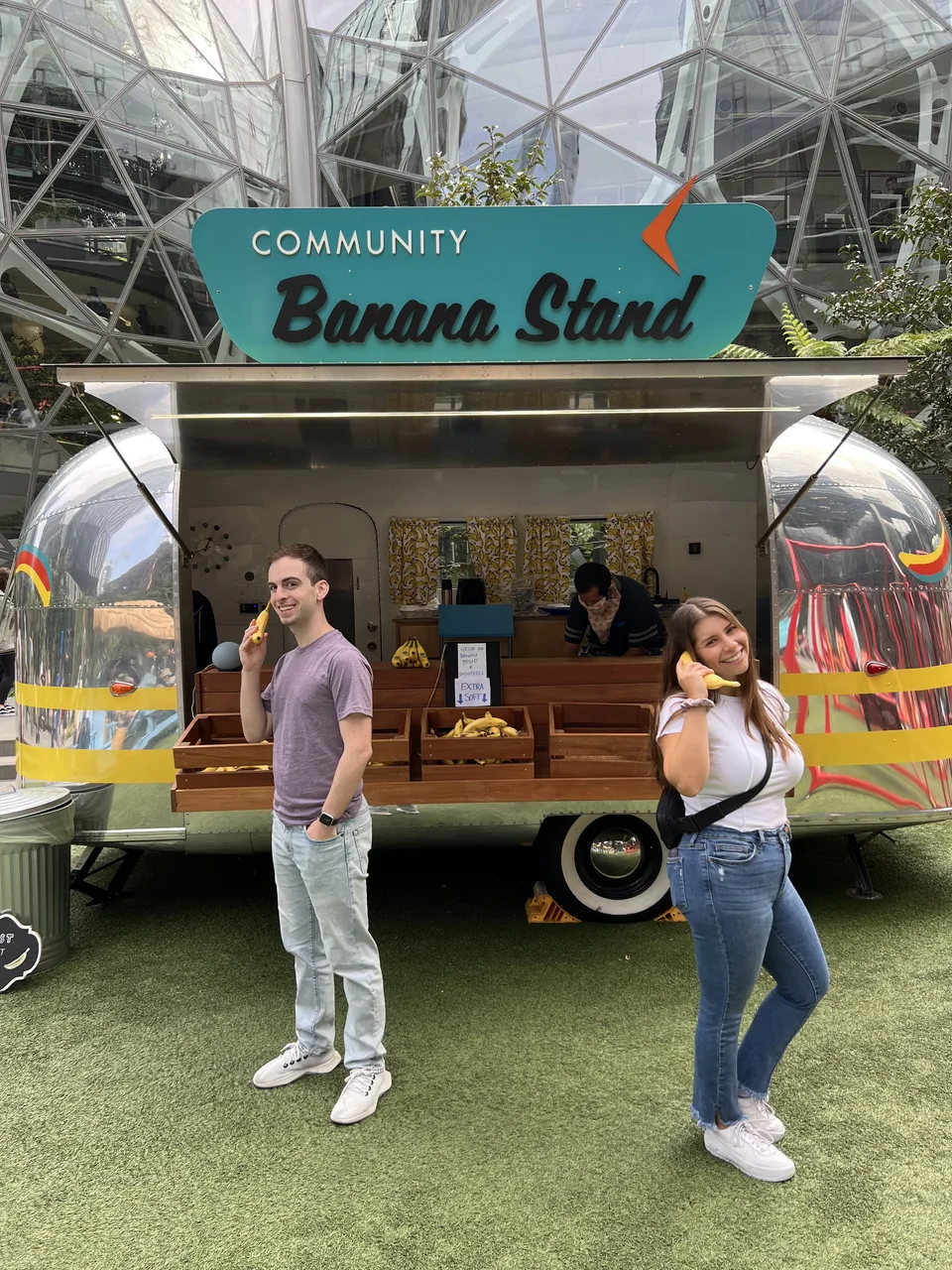 Leah and Justin at the Community Banana Stand by the Amazon Spheres in Seattle.